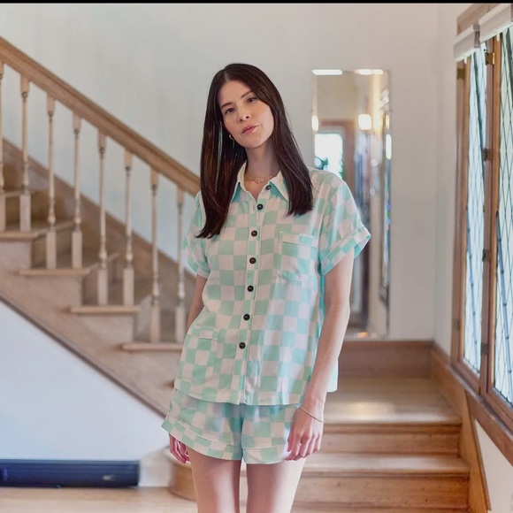 🆕Bamboo Rayon Checkered Short Sleeves Lounge Sets Turquoise Sz M - Picture 1 of 4